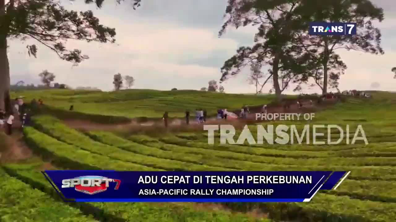 People are gathered on a winding path through a tea plantation. The scene is broadcast on Trans7, and the Asia-Pacific Rally Championship is underway.
