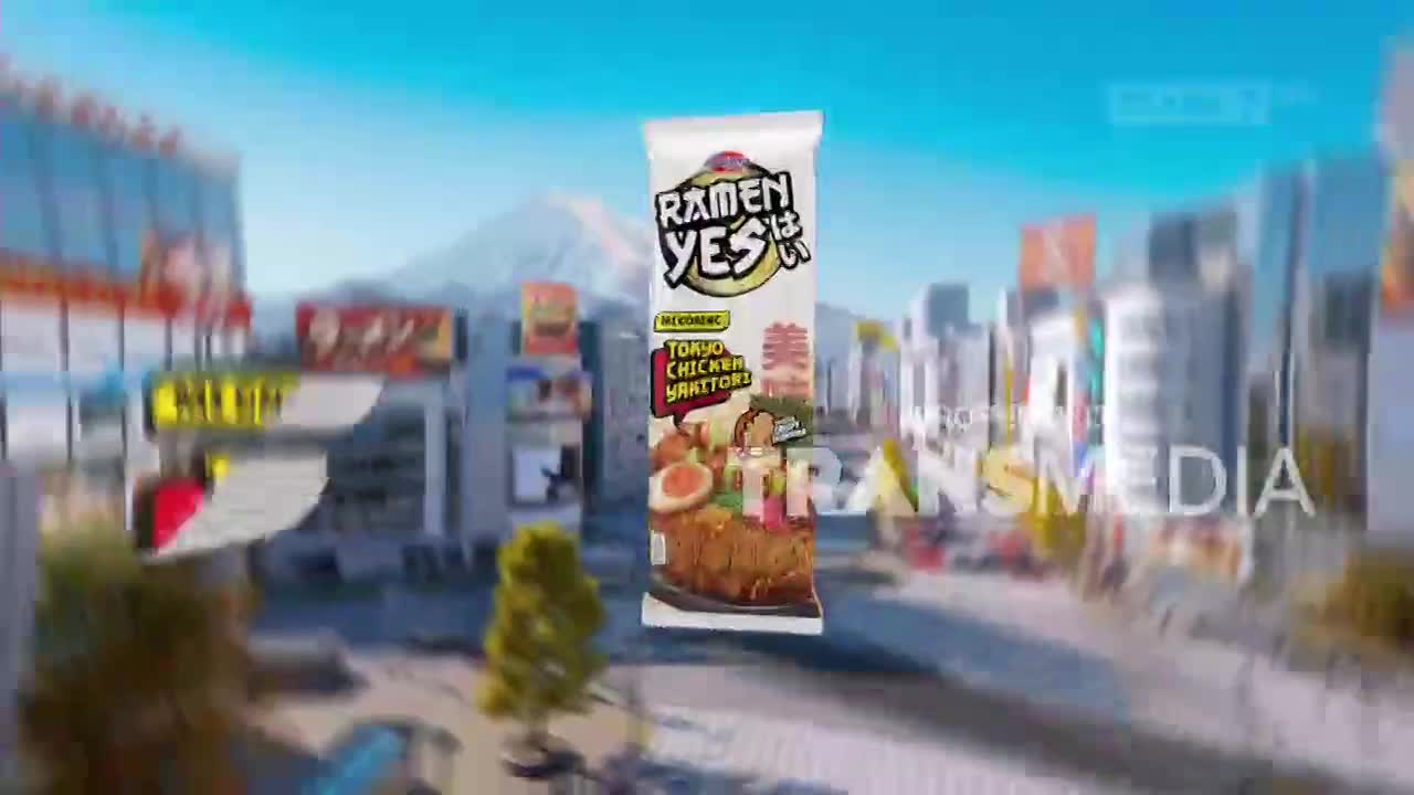 A package of Ramen Yes! "Tokyo Chicken Yakitori" floats in front of a bustling city skyline. The Transmedia logo is visible across the scene.