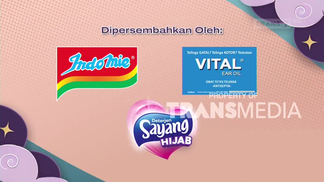 The Indomie logo, a Vital Ear Oil box, and a Sayang Hijab detergent heart are presented. Transmedia's watermark overlays the scene.