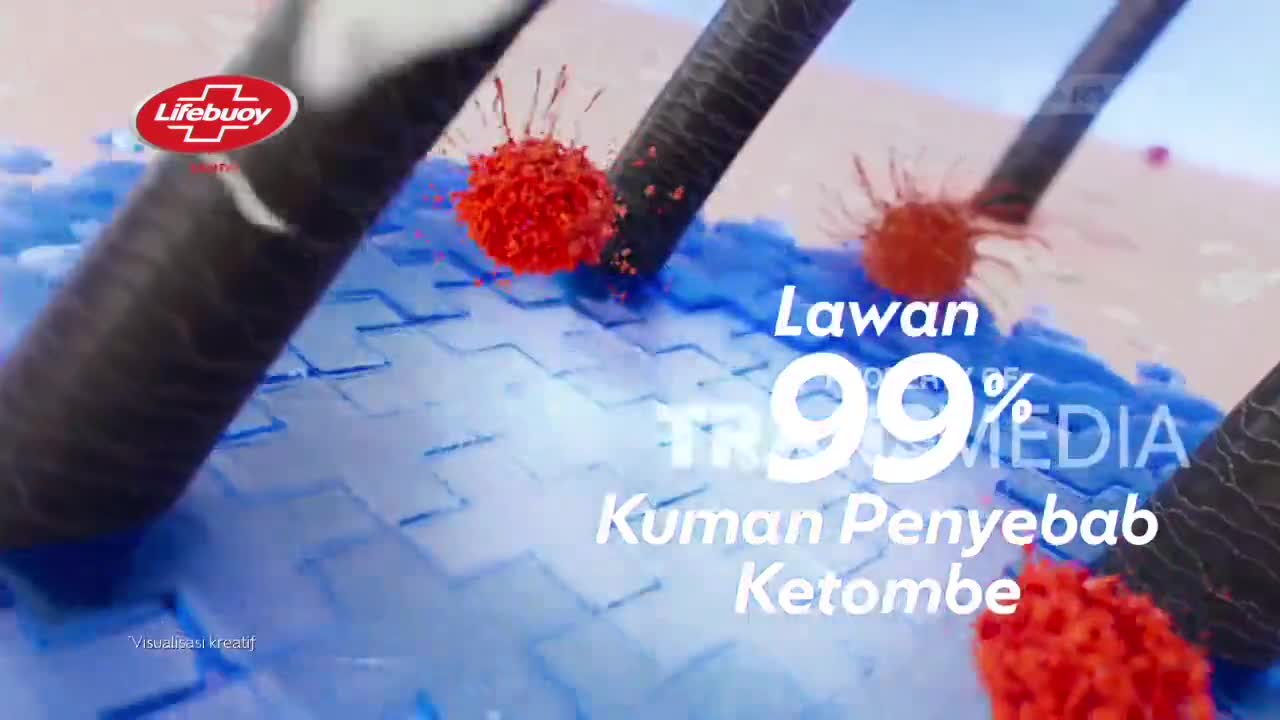 Red, spiky microbes are clinging to dark strands of hair. A blue, bubbly substance washes over them, with the Lifebuoy logo visible. Red, spiky microbes are clinging to dark strands of hair. A blue, bubbly substance washes over them, with the Lifebuoy logo visible.