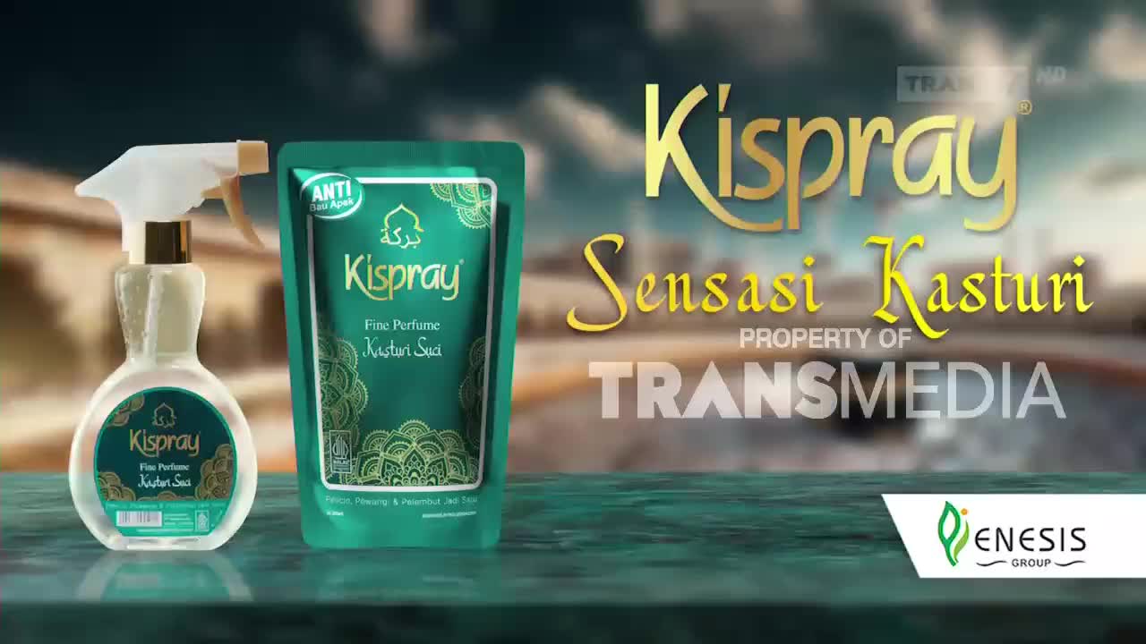 A spray bottle and a refill pouch of Kispray stand on a reflective surface. The Kispray logo and "Sensasi Kasturi" appear in large gold lettering, with "PROPERTY OF TRANS MEDIA" below. A spray bottle and a refill pouch of Kispray stand on a reflective surface. The Kispray logo and "Sensasi Kasturi" appear in large gold lettering, with "PROPERTY OF TRANS MEDIA" below.