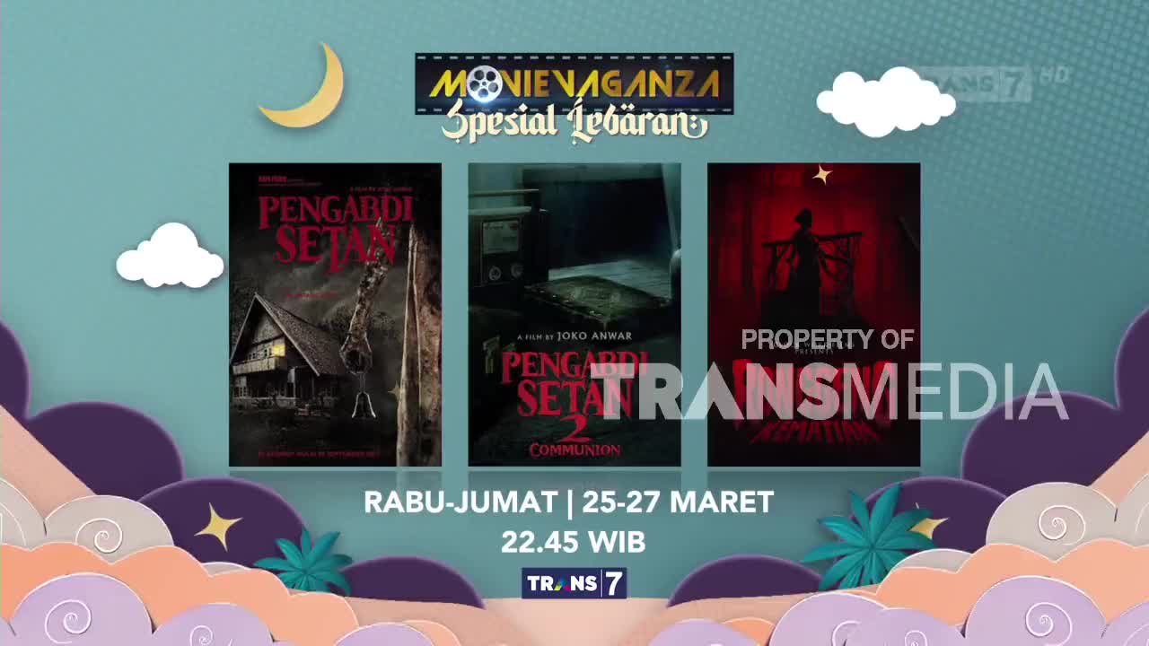 The Trans7 logo appears over a display of three horror movie posters, advertising a "Movie Vaganza Spesial Lebaran." This special programming runs from Wednesday to Friday, March 25-27, starting at 22:45 WIB.