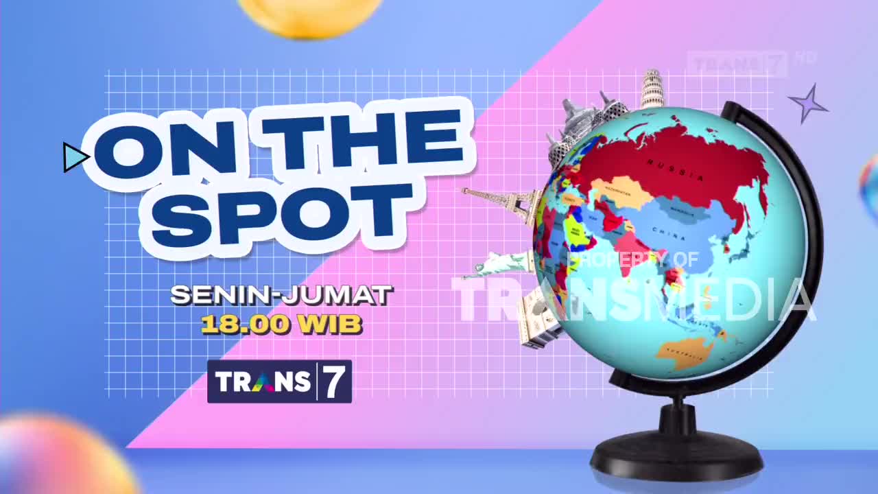 The Trans7 logo appears on screen, followed by a spinning globe adorned with famous landmarks. "On The Spot" flashes in bold blue letters, announcing the show's broadcast schedule.