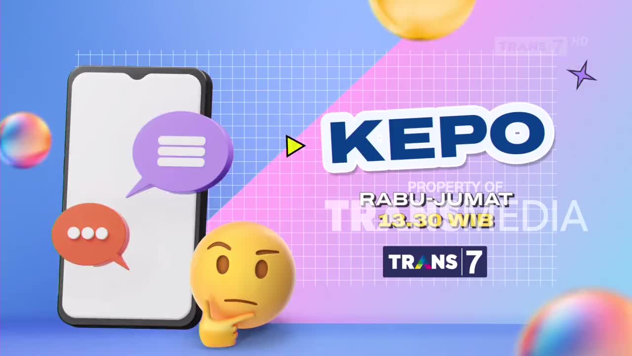 A smartphone displays chat bubbles, next to a pensive emoji. The "KEPO" logo, for Trans7's program, floats above broadcast details.