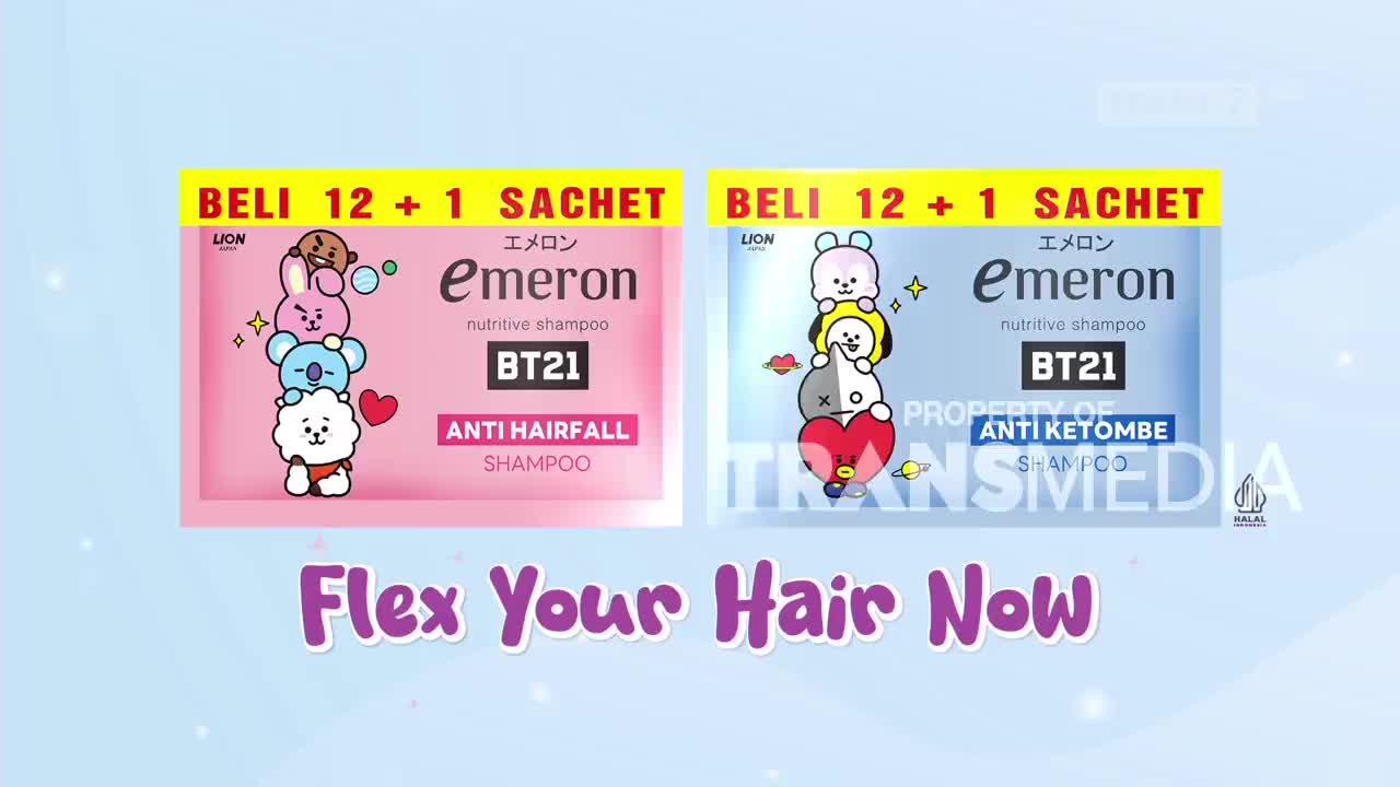 Two sachets of Emeron shampoo, featuring stacked BT21 characters, are displayed side-by-side against a light blue background. A promotional message in purple lettering reads "Flex Your Hair Now."