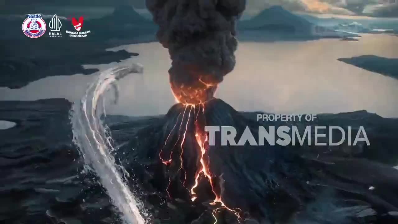 Molten rock spills down the side of a smoking volcano, glowing orange against the dark landscape. A powerful wave crashes onto the shore, its white foam reaching inland.