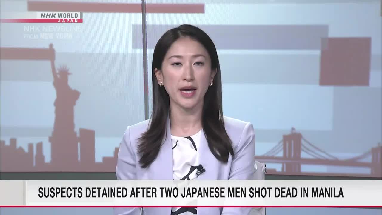 A woman in a light blazer speaks directly to the camera, her expression serious. The NHK World-Japan logo is visible in the corner, and a headline about the shooting of Japanese men in Manila scrolls below.
