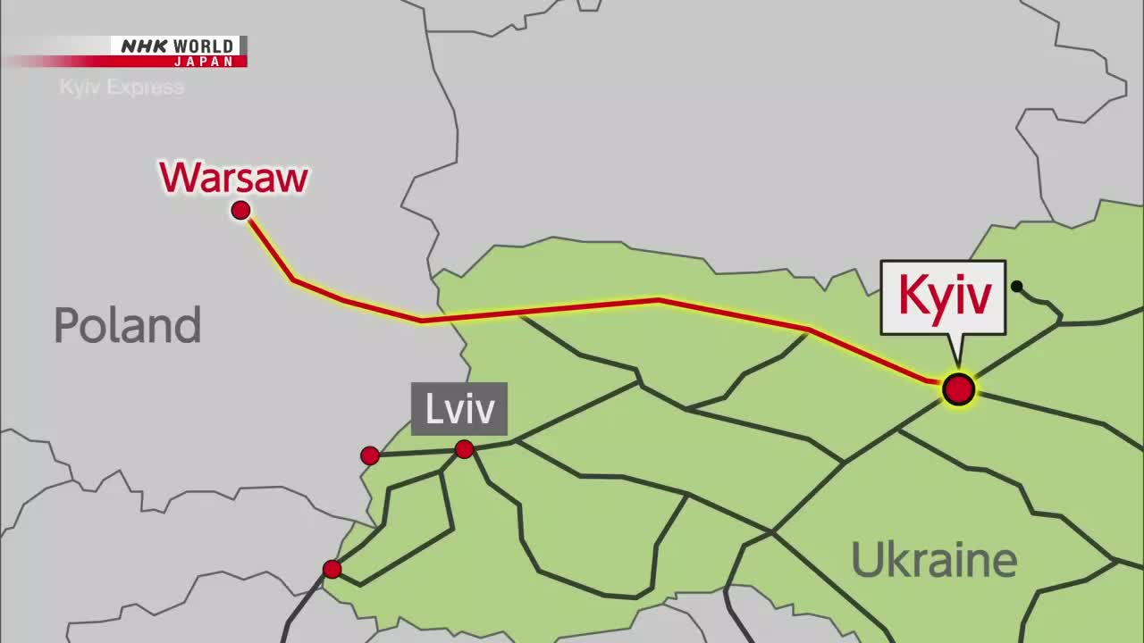 A red line, originating in Warsaw, Poland, stretches across the map towards Kyiv, Ukraine. The NHK World-Japan graphic highlights the route, with stops in Lviv along the way.
