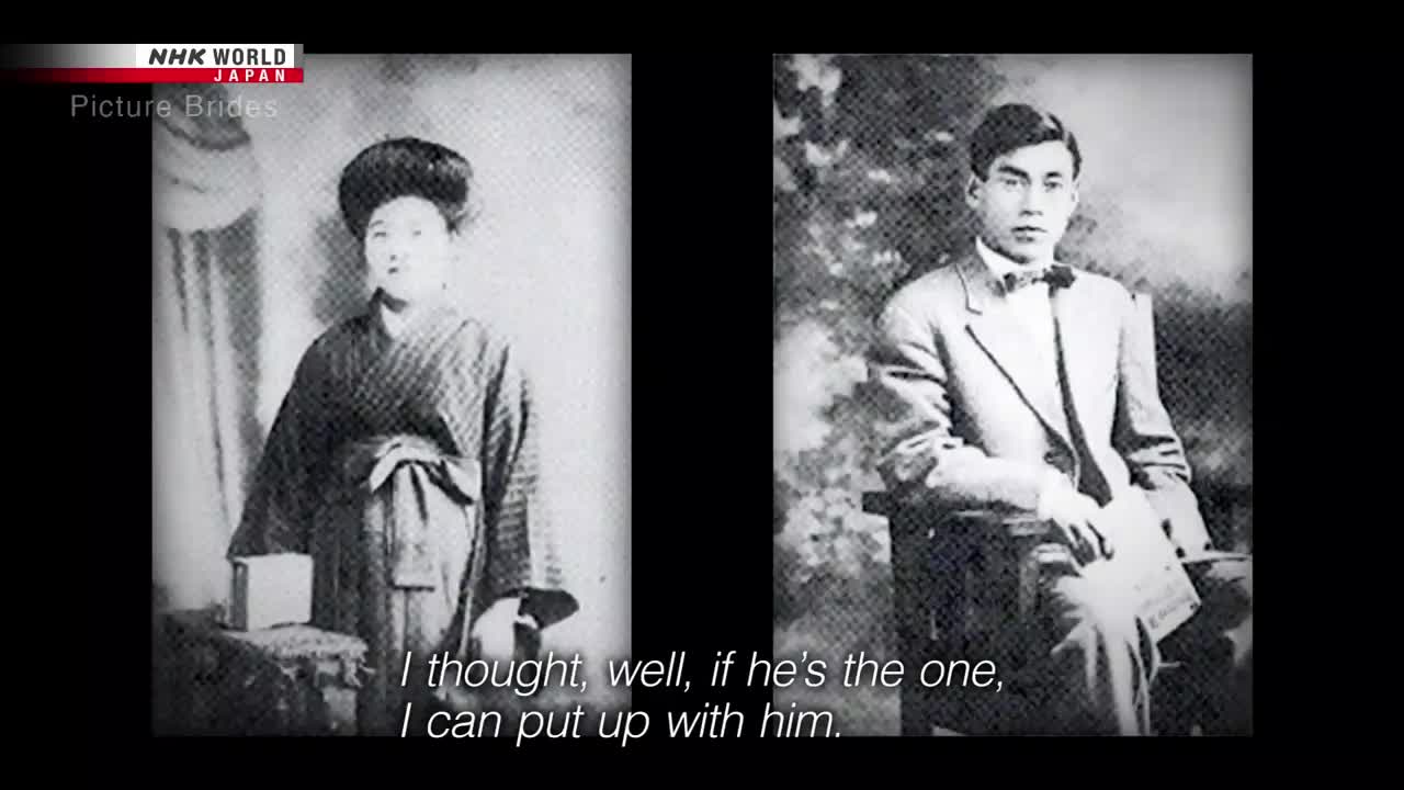 Two black-and-white portraits, side-by-side, appear on screen, likely from a NHK World-Japan documentary. A woman in a kimono and a man in a suit are featured, with subtitles referencing "Picture Brides" and a woman's thoughts on her potential husband.
