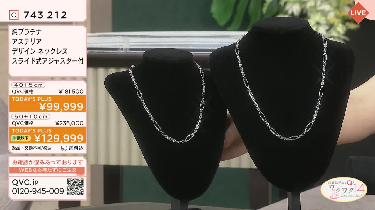 Two silver necklaces, each with an oval link design, rest on black velvet display busts. Japanese text and price listings for the jewelry are displayed on the screen, likely a QVC broadcast.

