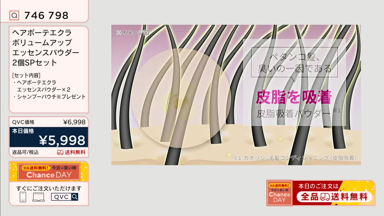 A diagram shows hair strands, some with a yellow hue, under a magnifying glass. Japanese text on the screen, along with the QVC logo, suggests this is a product demonstration.
