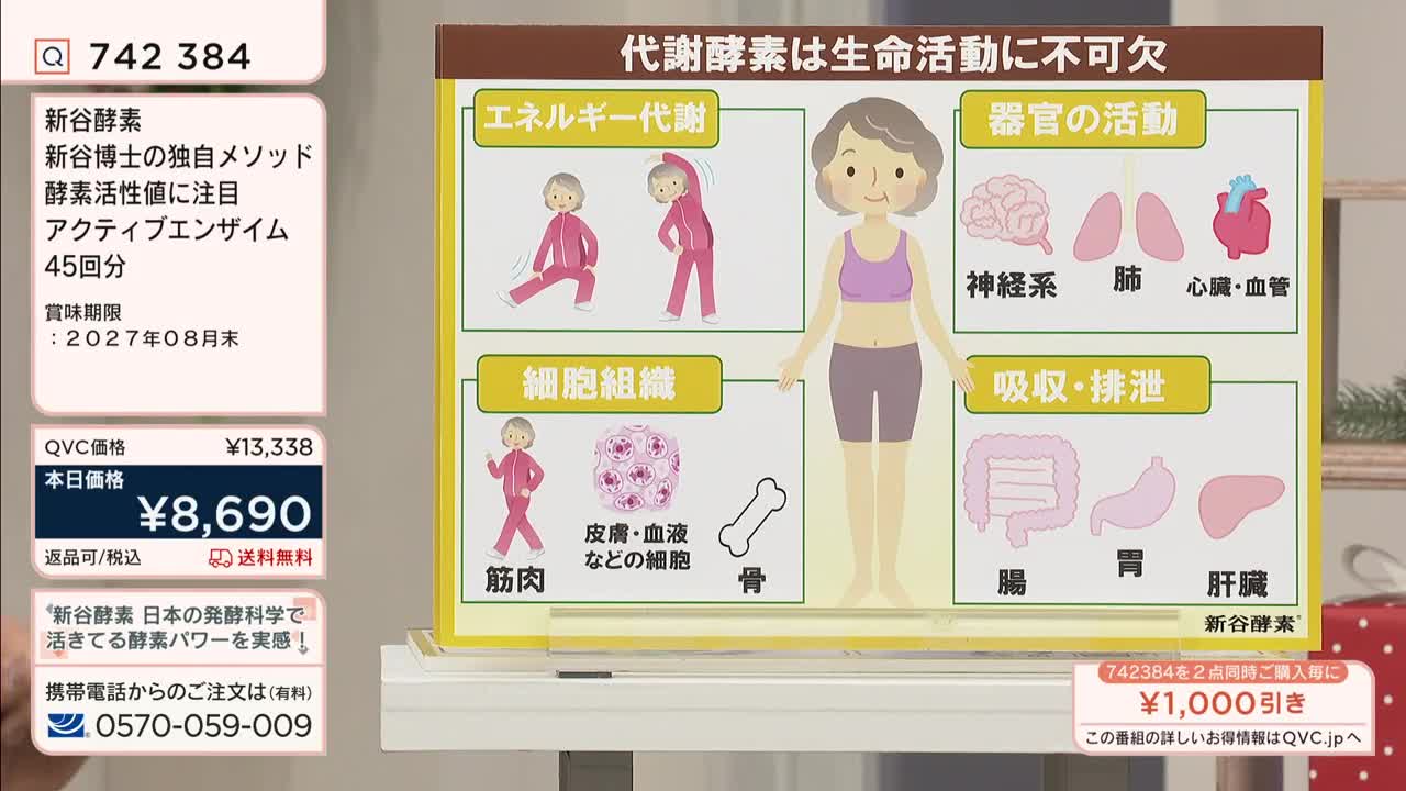 A Japanese QVC segment is underway, advertising a product with a diagram of a woman and various body systems. The price is prominently displayed, and the phone number is at the bottom of the screen.
