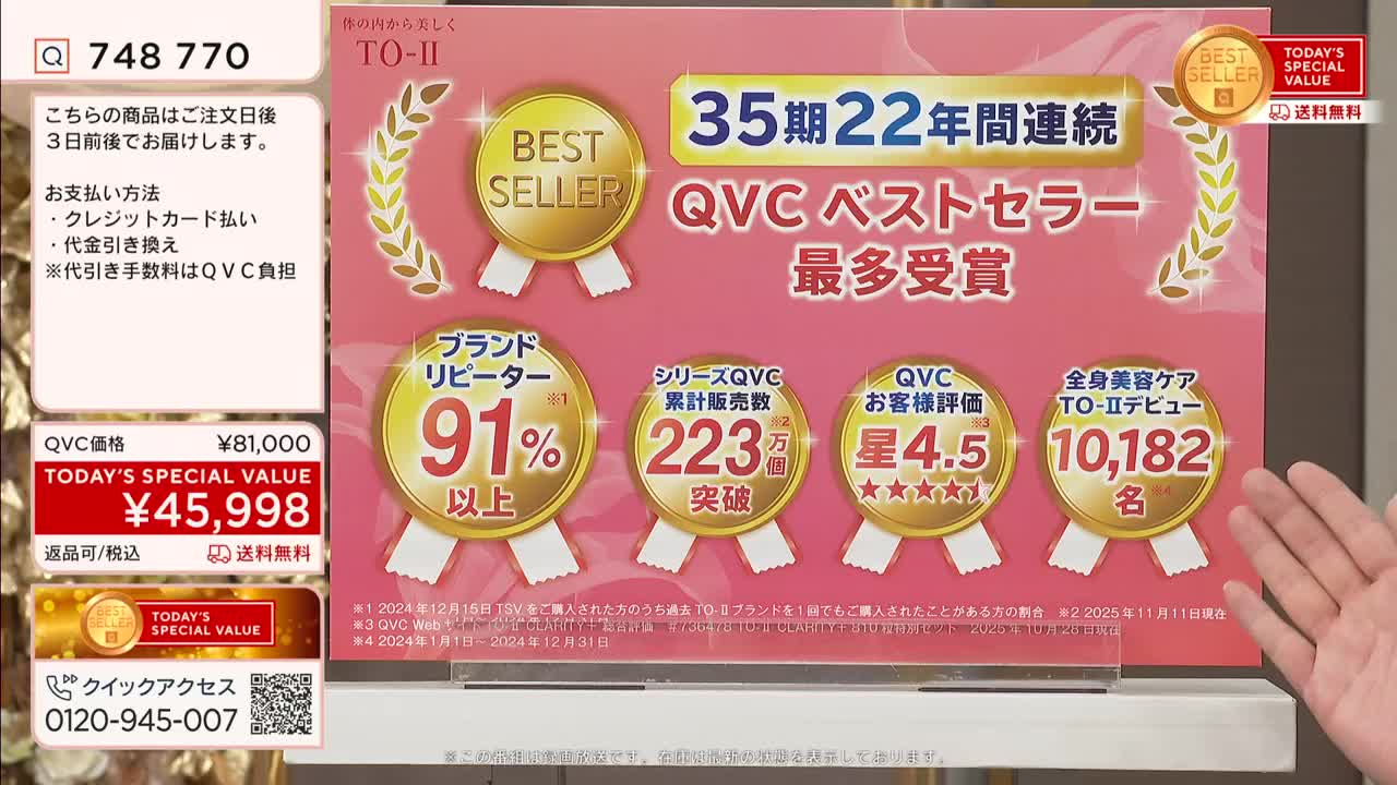 A pink and gold graphic highlights the success of a product on QVC, with statistics and awards displayed in Japanese. A hand gestures towards the information, likely during a live broadcast.
