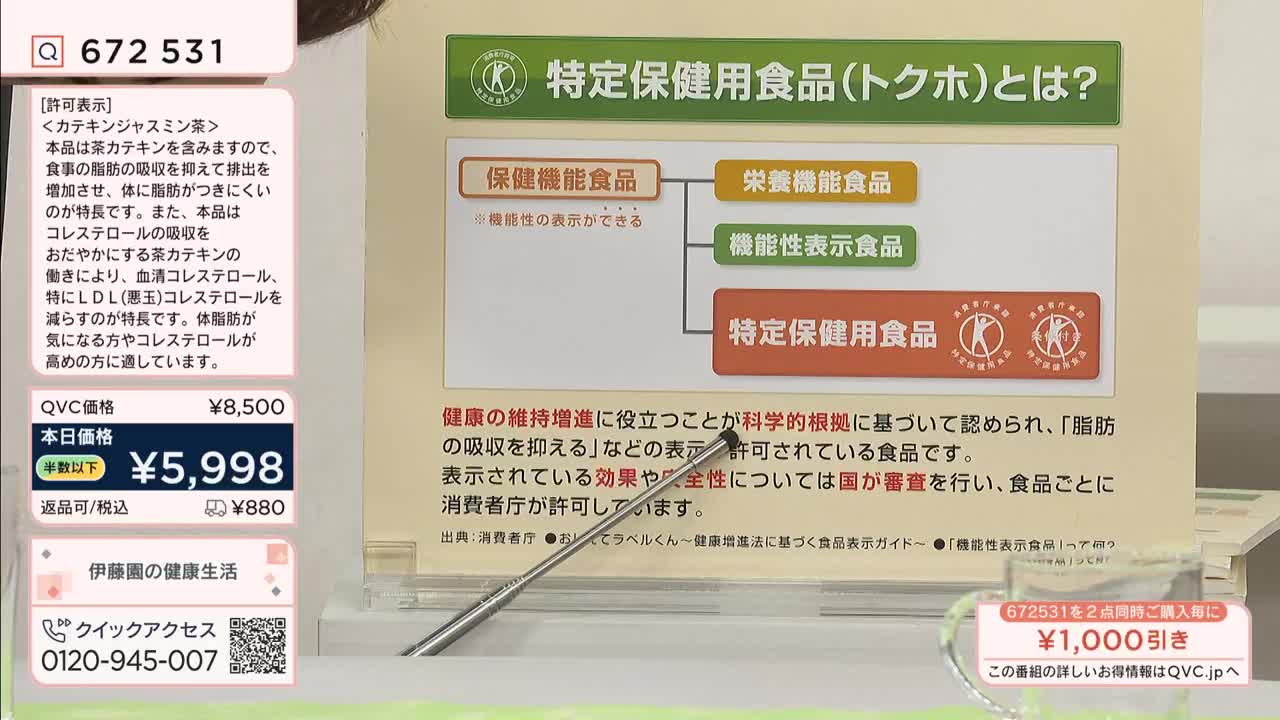 A silver pointer rests on a display explaining "Tokutei Hokenyō Shokuhin" in Japan. The screen details the benefits of this type of health-conscious food, with pricing information from QVC visible on the left.