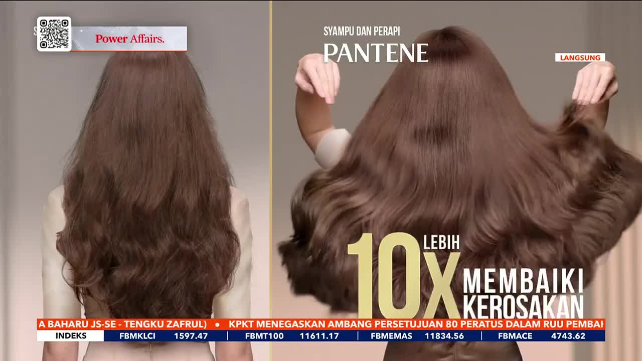 On Astro Awani, a Pantene shampoo ad is playing, showing a woman's hair going from dull to voluminous. The "before" hair hangs limp, while the "after" hair billows out, framed by the woman's arms.
