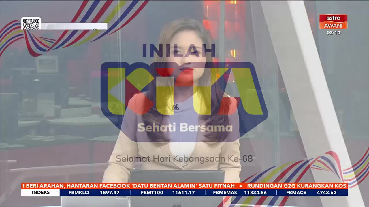 A woman in a tan jacket is speaking, framed by a large graphic that reads "INILAH KITA." The Astro Awani logo and the time are visible in the top right corner, and a lower third banner scrolls with news headlines.
