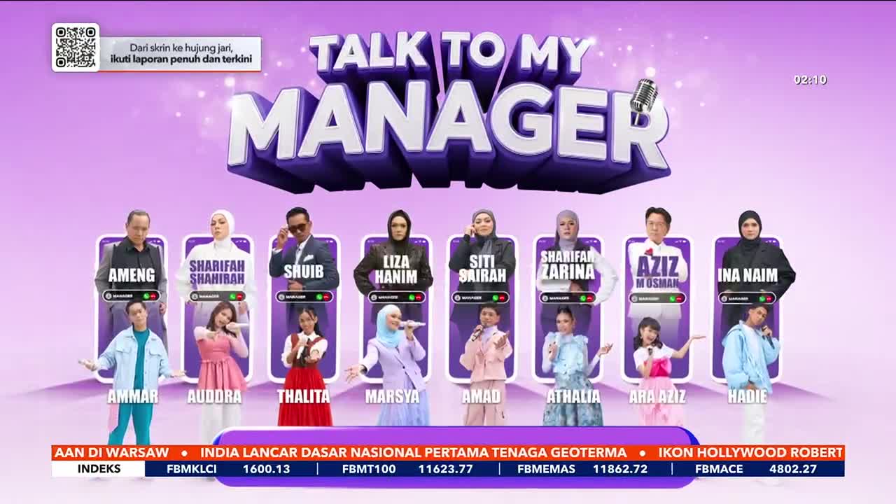 The "Talk to My Manager" logo hovers above a row of headshots, each paired with a younger person. Below, the Astro Awani ticker scrolls across the bottom of the screen.
