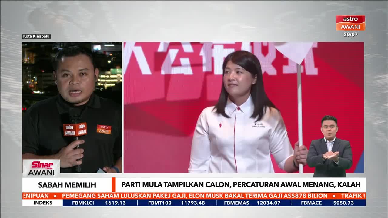 On Astro Awani, a news anchor in Kota Kinabalu reports on the Sabah election, while a woman stands on a red backdrop. A sign language interpreter gestures on the right.
