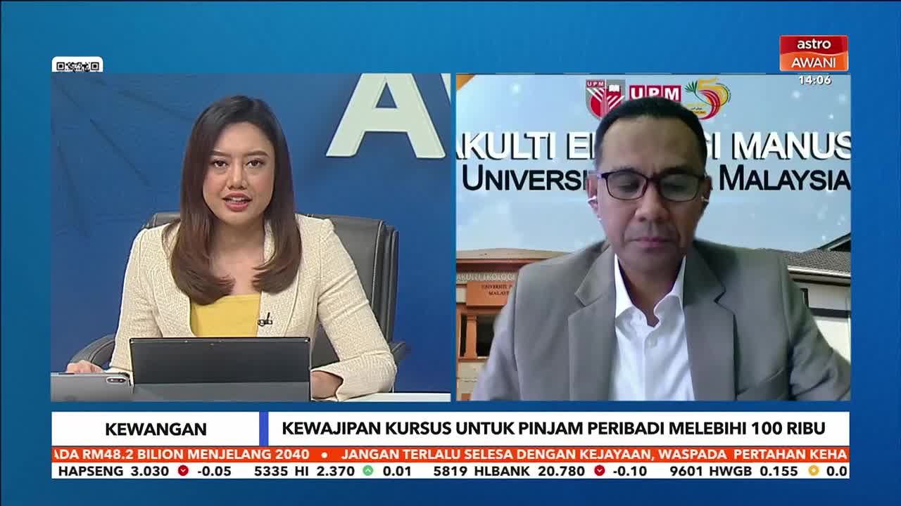 A woman in a cream blazer speaks directly to the camera, while a man in a gray suit appears on the screen beside her. Both are framed by the Astro Awani logo and a backdrop of Malaysian university branding.
