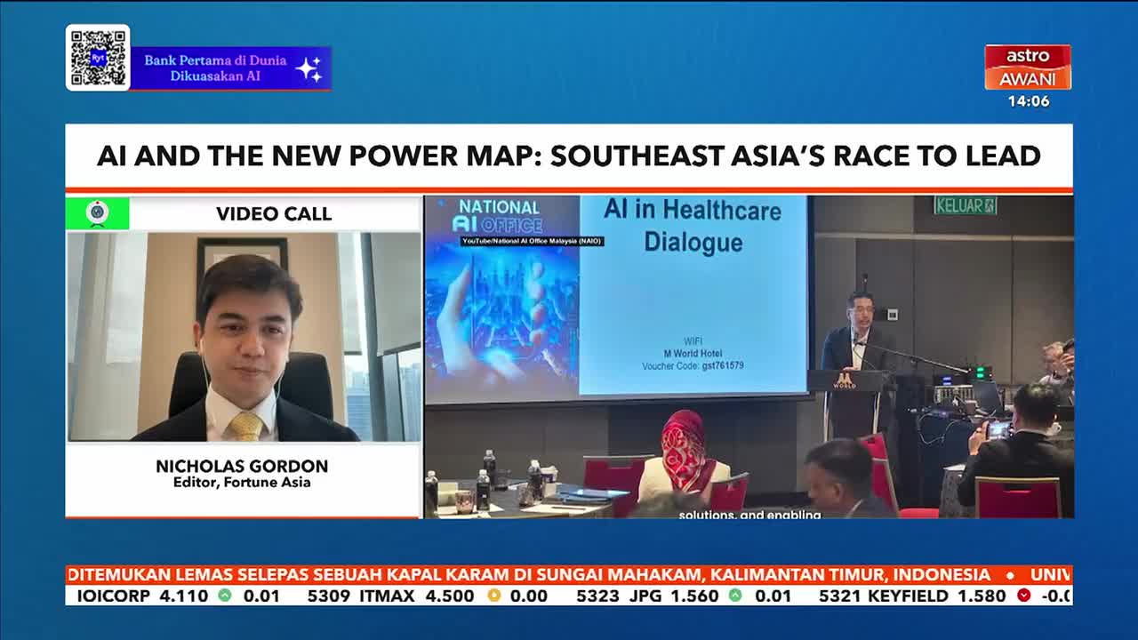 Astro Awani is covering a discussion on AI in healthcare, with a speaker at a podium and a video call inset of Nicholas Gordon. The screen behind the speaker displays "AI in Healthcare Dialogue" and a logo for the National AI Office.

