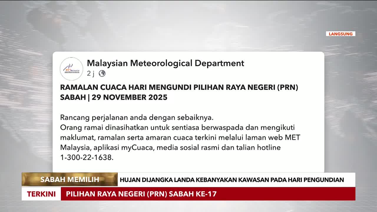 Astro Awani is showing a screen capture from the Malaysian Meteorological Department. It's a weather forecast for Sabah on election day in 2025, warning of rain.
