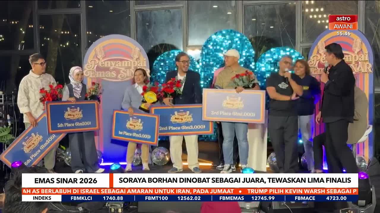 A woman in a light blue blazer holds a trophy and a large sign for "1st Place (RM5,000)." Beside her, a man in a dark suit presents a bouquet of red roses to another woman holding a "2nd Place (RM3,000)" sign.
