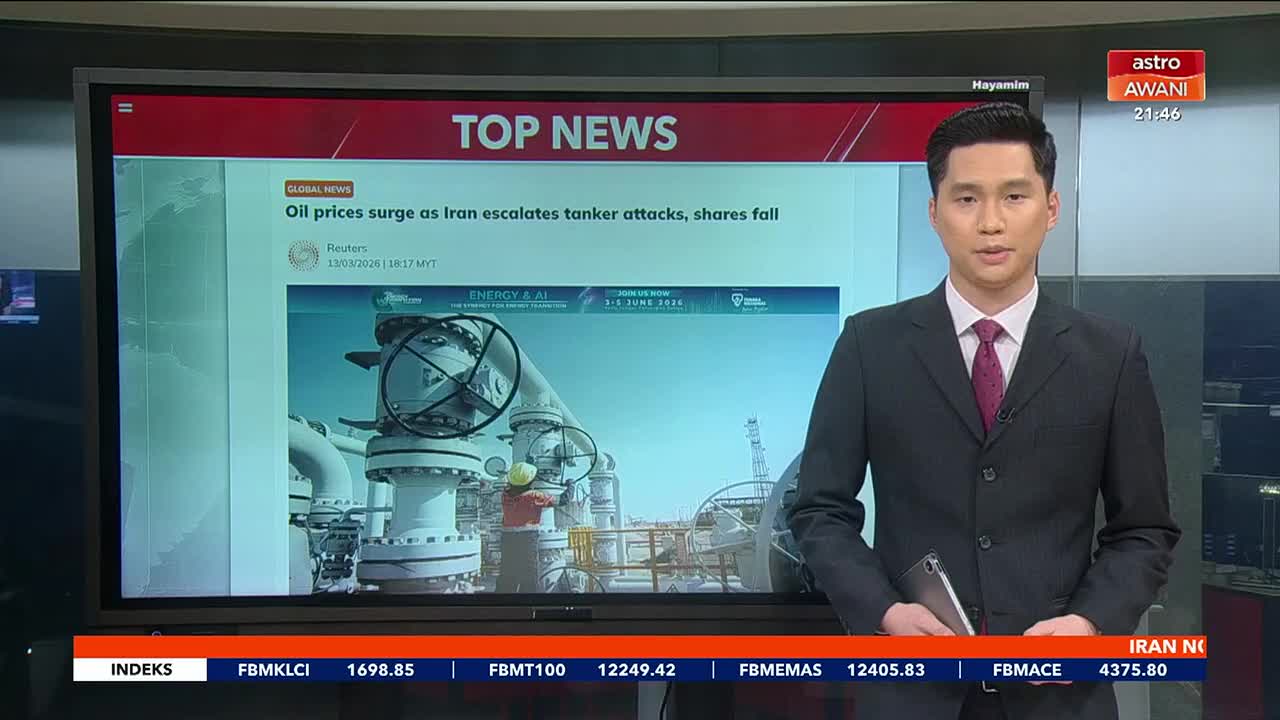 A news anchor stands before a large screen displaying "TOP NEWS" and an article about surging oil prices. The screen's background shows an industrial scene with large pipes and valves, a stark contrast to the polished studio setting.