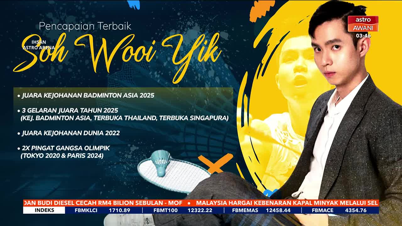 Astro Awani is highlighting Soh Wooi Yik's achievements. A badminton racquet and shuttlecock are displayed prominently.
