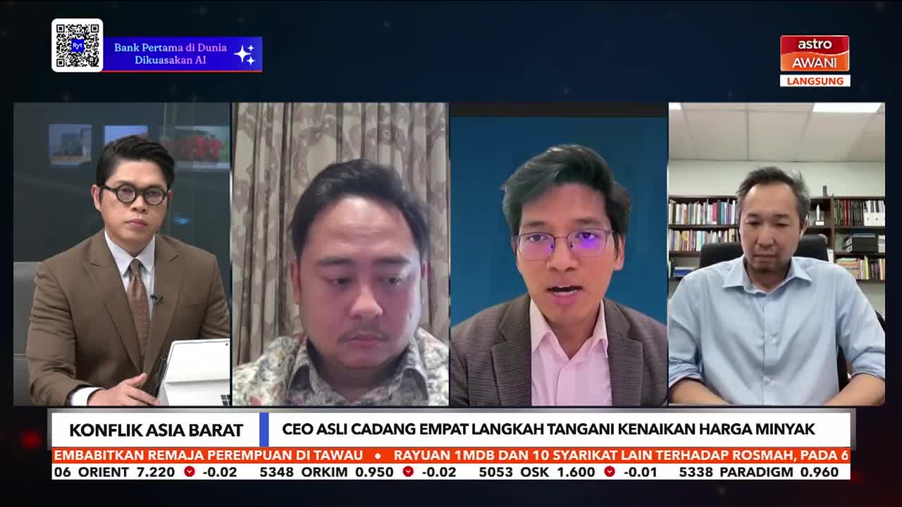 The anchor in the brown suit looks intently at the camera, while the three men on the right appear in separate video feeds. A ticker runs along the bottom of the screen with financial data and news headlines from Astro Awani.
