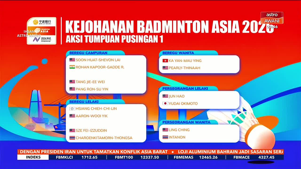 The Badminton Asia 2020 championship pairings are displayed on screen. Astro Awani is covering the event live.
