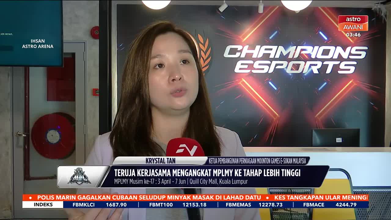 A woman speaks into a microphone in front of a "Champions Esports" backdrop.  Below her, text announces an MPLMY collaboration and stock market tickers scroll by.