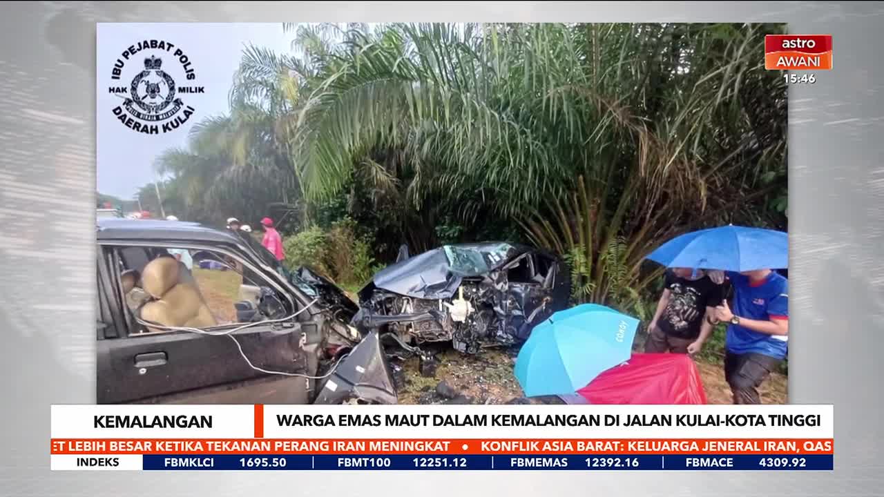Two mangled cars sit on the side of a road, surrounded by palm trees. People huddle under umbrellas, surveying the wreckage. Two mangled cars sit on the side of a road, surrounded by palm trees. People huddle under umbrellas, surveying the wreckage.