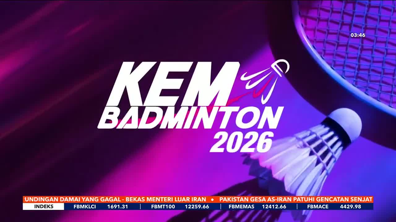 A badminton shuttlecock is suspended in the air, its white feathers catching the light against a vibrant purple background. The words "KEM BADMINTON 2026" are displayed prominently, announcing an upcoming event.