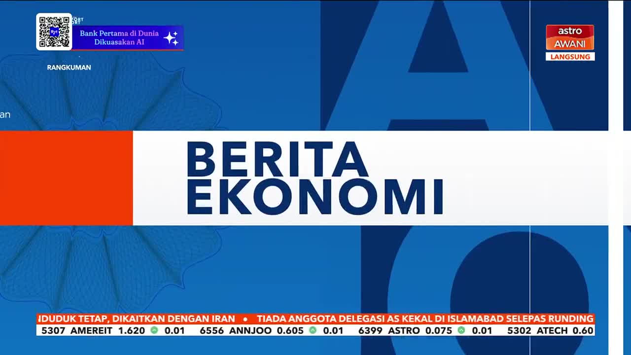 The bold white text "BERITA EKONOMI" stands out against a blue background, indicating an economic news segment on Astro Awani. Below, a ticker displays stock information and news headlines relevant to Malaysia.