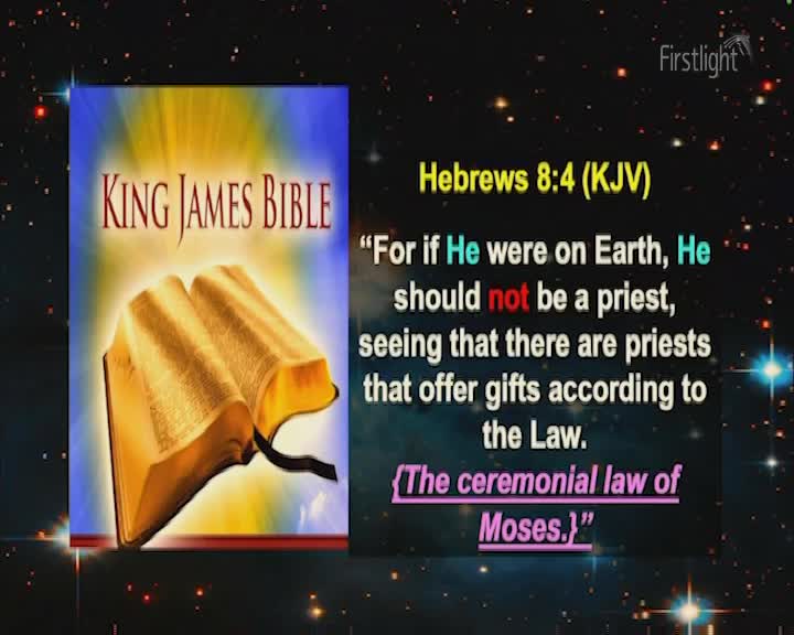 A glowing image of a King James Bible is displayed, its pages open and illuminated. Beside it, text from Hebrews 8:4 is presented, with certain words highlighted in color.
