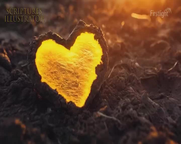 A heart-shaped form, made of dark, rough material, glows with a warm, golden light from within. The scene, likely from a Firstlight production, is set on a textured, earthy surface.
