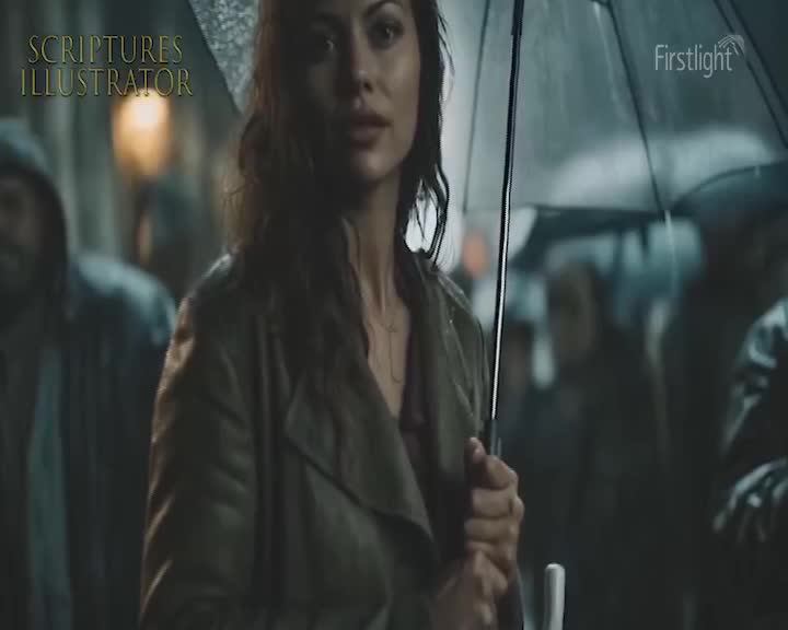 A woman with dark hair holds a clear umbrella, walking through a crowd in the rain. She looks ahead, her expression thoughtful, as others around her are blurred by the weather.
