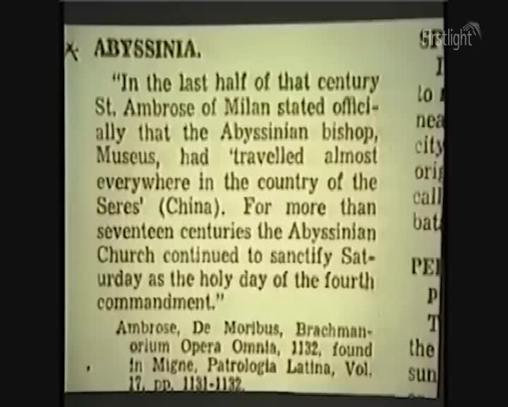 A snippet of text from a newspaper clipping fills the frame, with the word "ABYSSINIA" at the top. The Firstlight logo is visible in the upper right corner, and the text is a historical excerpt.
