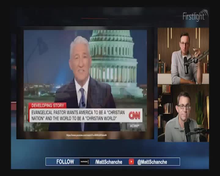 A CNN news report about an evangelical pastor is playing on a screen, the headline bold and clear. Two commentators from Firstlight are visible, listening and reacting to the broadcast.
