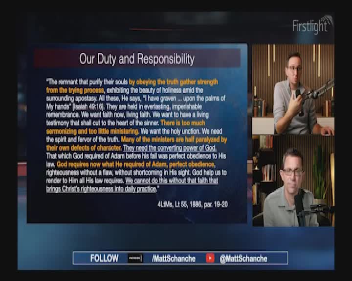 Two men in a split-screen presentation from *Firstlight* are discussing a text on duty and responsibility. One man gestures with a microphone, while the other looks directly at the camera.
