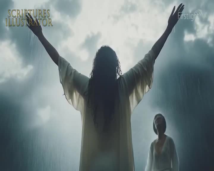 Rain streams down as a woman stands with arms outstretched, her face turned to the sky. Another person looks up, watching the downpour.
