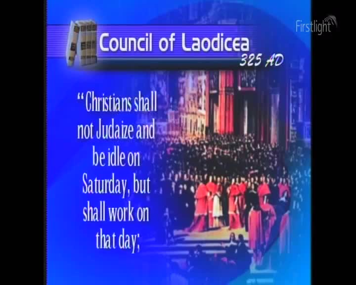A blue screen displays text about a council from 325 AD, with a logo from Firstlight in the top right. Below the text, a historical image shows a crowd of people, some in red robes.
