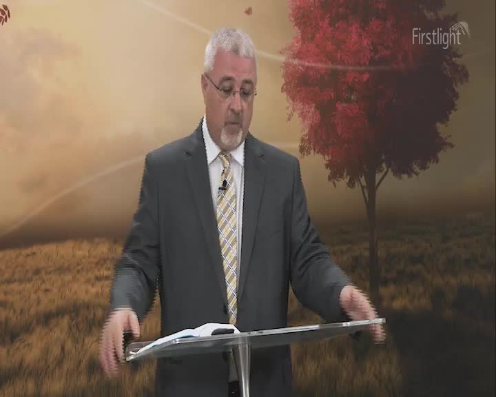 A man in a suit stands behind a clear podium, reading from an open book. Behind him, a painted backdrop depicts a tree and a field, with the word "Firstlight" visible.
