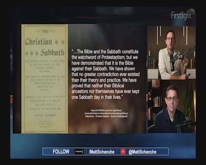 A book cover about the Christian Sabbath is displayed alongside a quote. Two men are visible on screen, likely from Firstlight, discussing the topic.

