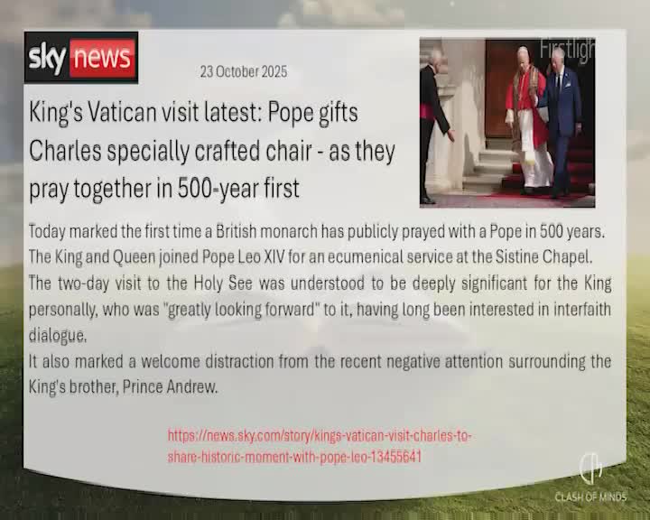 The Pope, in red and white robes, walks beside King Charles, who wears a dark suit. A news report from Sky News, with a Firstlight logo, covers the historic event.
