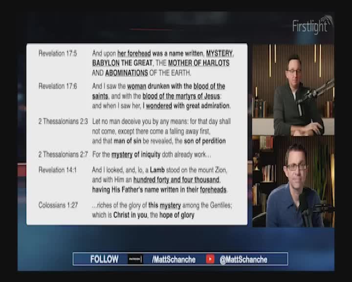 Two men are visible in separate boxes, both speaking into microphones. A screen displays biblical passages, with "Firstlight" in the upper right corner, and the speaker's social media handles at the bottom.
