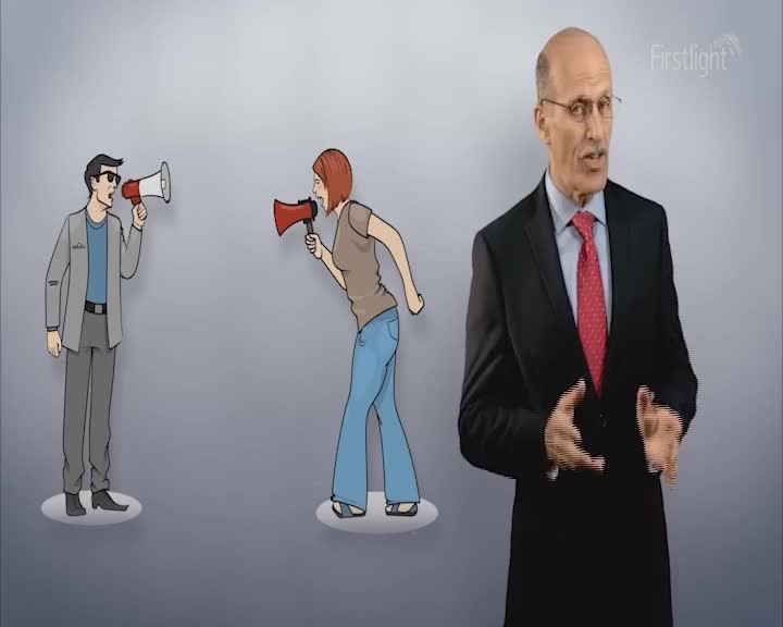 A man in a suit gestures with his hands as a cartoon man and woman shout into megaphones. The Firstlight logo is visible in the upper right corner.