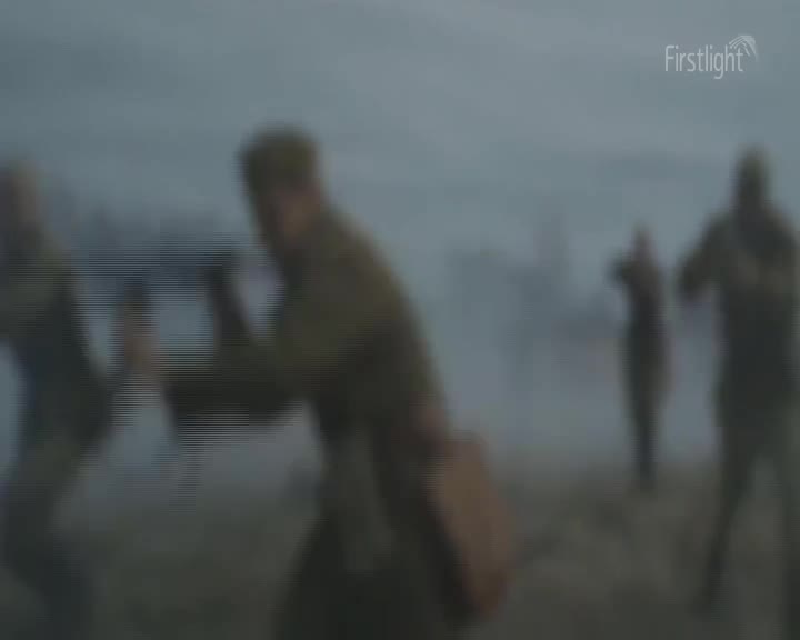 Men in khaki uniforms sprint forward, their rifles held ready. A hazy, grey light bathes the scene, suggesting the early morning mist of a New Zealand dawn.
