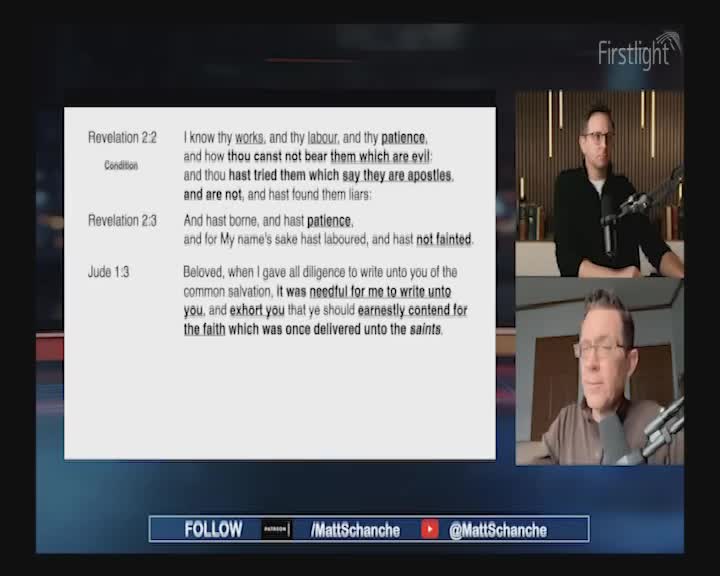 A man in glasses leans forward, his hand resting on his chin as he speaks into a microphone. Above him, another man in a dark sweater looks intently at something off-screen. A large screen displays biblical text, with the "Firstlight" logo in the corner. A man in glasses leans forward, his hand resting on his chin as he speaks into a microphone. Above him, another man in a dark sweater looks intently at something off-screen. A large screen displays biblical text, with the "Firstlight" logo in the corner.