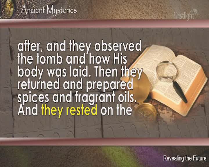 The text on the screen reads, "after, and they observed the tomb and how His body was laid. Then they returned and prepared spices and fragrant oils. And they rested on the." An open book with a magnifying glass rests on a wooden surface.